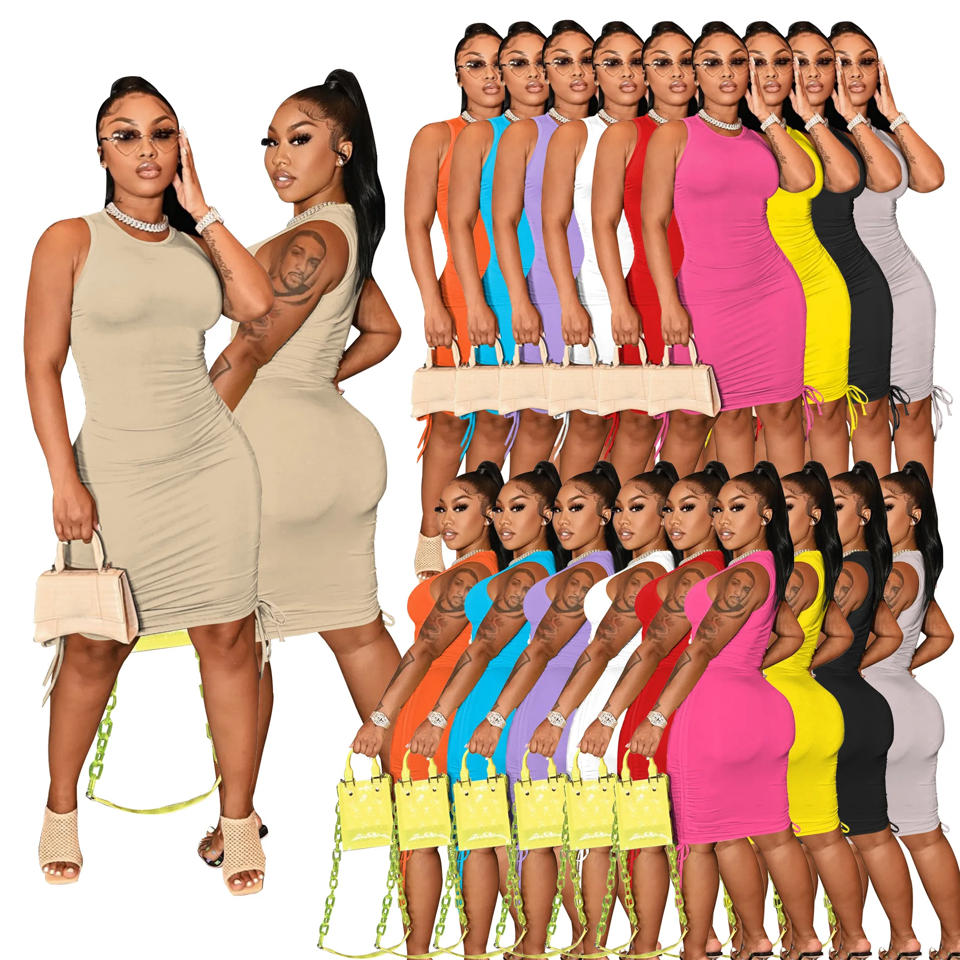 

2021 Latest Sleeveless Ladies Night Club Plain Solid Color Ruffle Strappy Bodycon Sexy Casual Dresses Summer Women Clothing, Picture