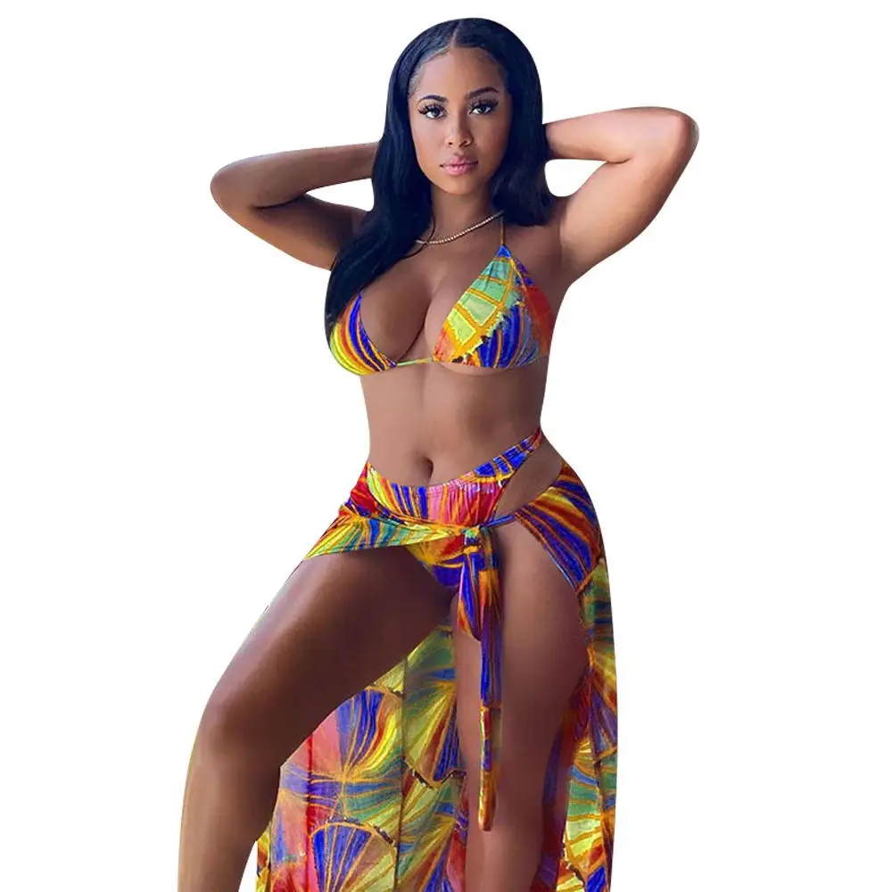 

New Design Beachwear Women Swimwear Custom Split Body Girls Sexy Printing 3 Piece Set Bikini Beach Wear Cover Up, Customized color