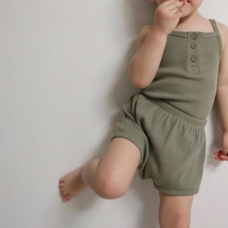 

Wholesale Kid Sleep Wears Soft Waffle Fabric Baby Boy Baby Girl Unisex Summer Set Lounge Wear, Green, ivory, mustard