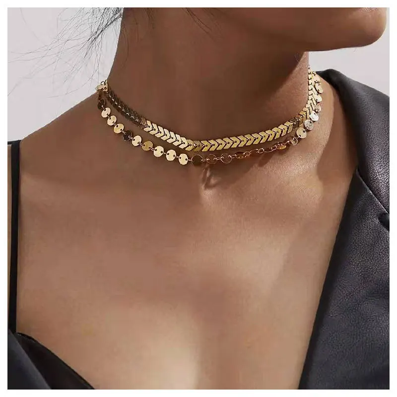 

Fashion Gold Plating Double Layers Fish Scale Short Clavicle Chain Choker Necklace for Women, Picture color