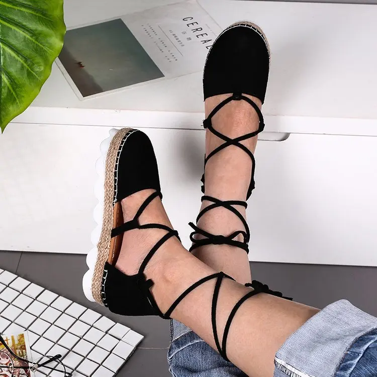 

2021 Large size shoes sandals women's lace-up ankle winding straps thick heel flat non-slip hollow toe women's shoes