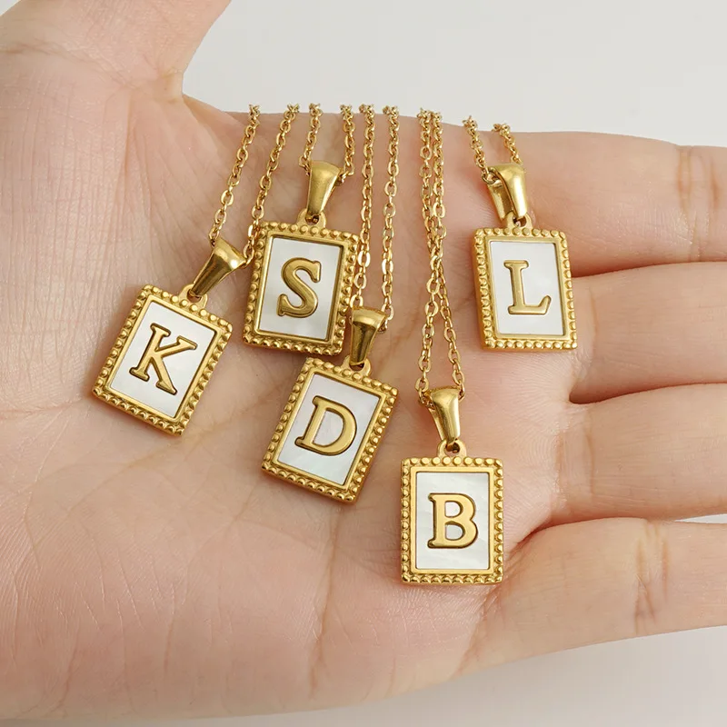 

2023 New Style Fashion Square 26 Alphabet Shell Pendant Necklace Stainless steel Jewelry For Women Letter Chain Necklace