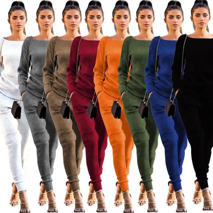 

YH C90333 Trending 2020 casual 8colors knitting solid color long sleeve round collar 2 piece set winter suit for women clothing