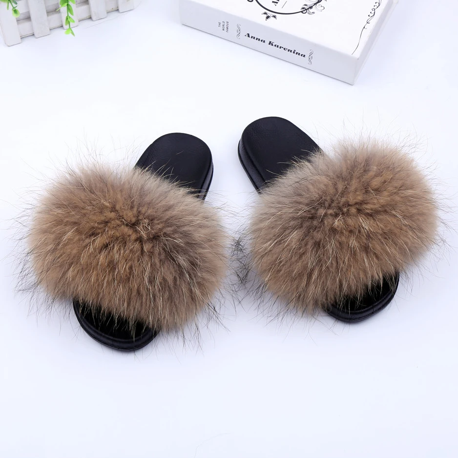 

Luxury Women's Genuine Raccoon Fur Slippers Flat Shoes Fashion Fur Sandals Handmade Female Sliders Indoor Outdoor, Customized color