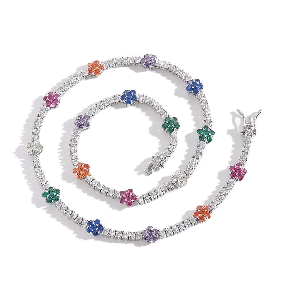 Stunning 3mm Multicolor Flower Tennis Chain Necklace Iced Out Brass 18K Gold Plated Women's Fashion Jewelry
