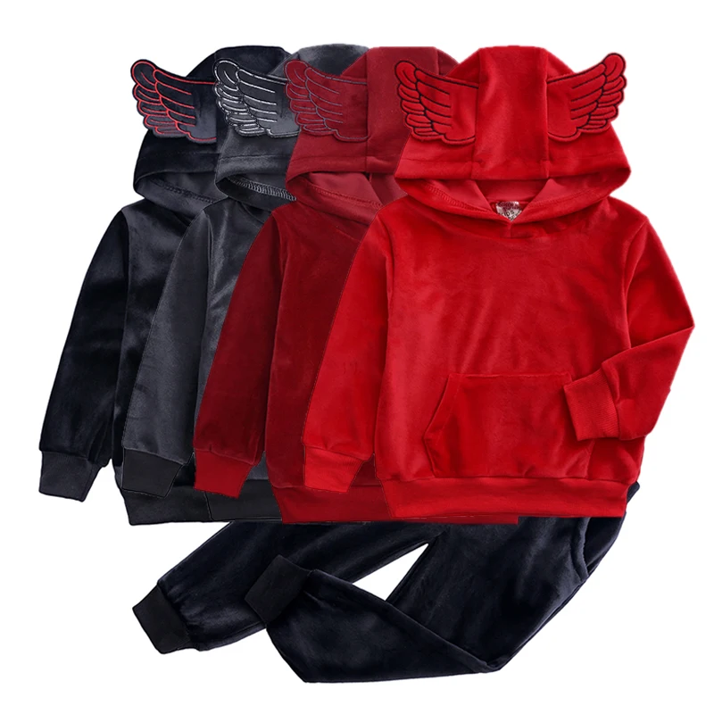 

Hot Sale Pleuche Kids Baby Boys Clothing Sets Winter Clothes Hoodie Pants Set For Boy, Black kids clothes for boys