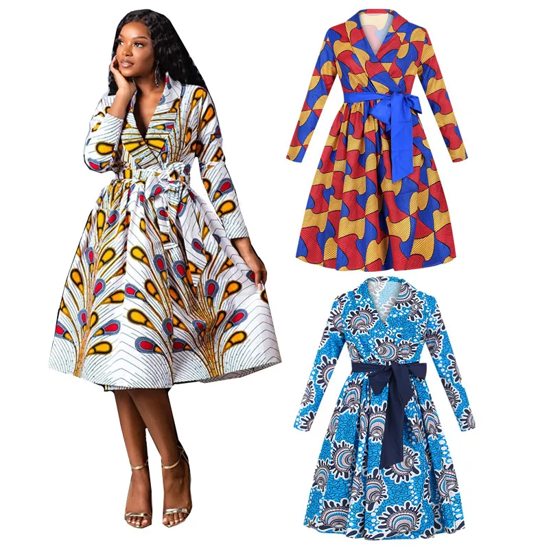 

2021 hot sale Wholesale Clothes Women Dresses Ladies Elegant African Dashiki Kaftan Kitenge Print Midi Length