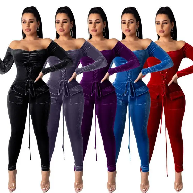 

New trendy Fashion solid color ladies stylish velvet off shoulder long sleeve one piece jumpsuit sexy club wear women clothing