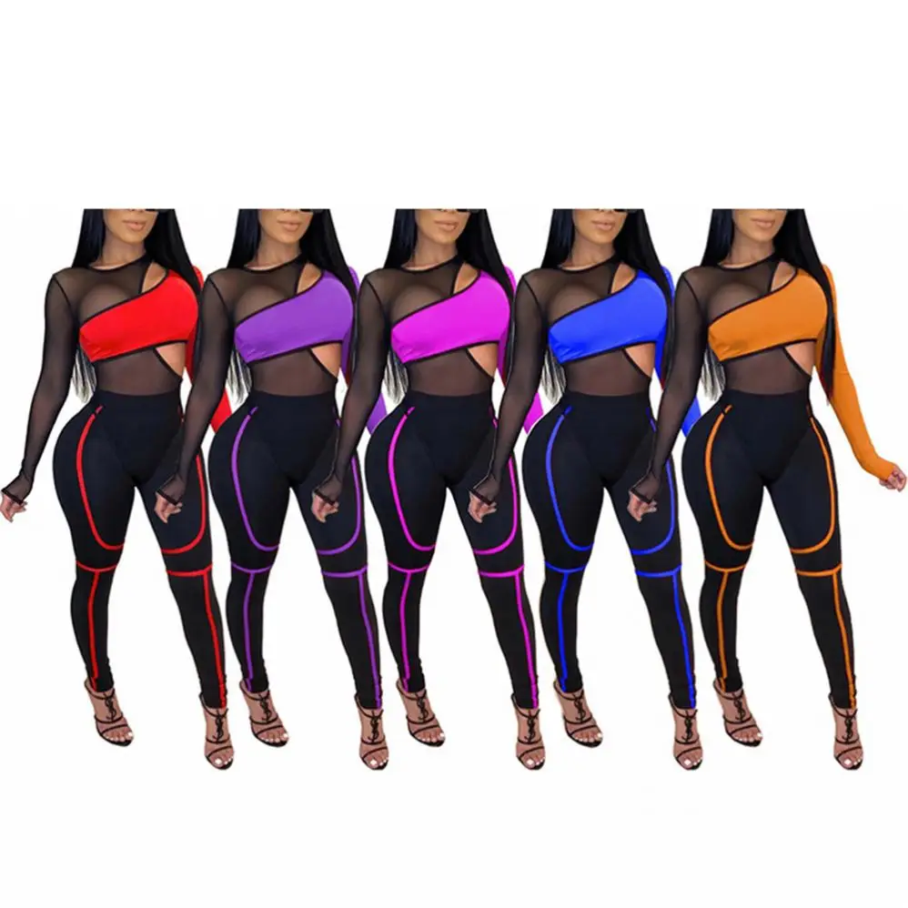 

New Fashion Women Spliced Mesh Hollow Out Sexy O-Neck Sport Suit 2 Piece Set For Black Women