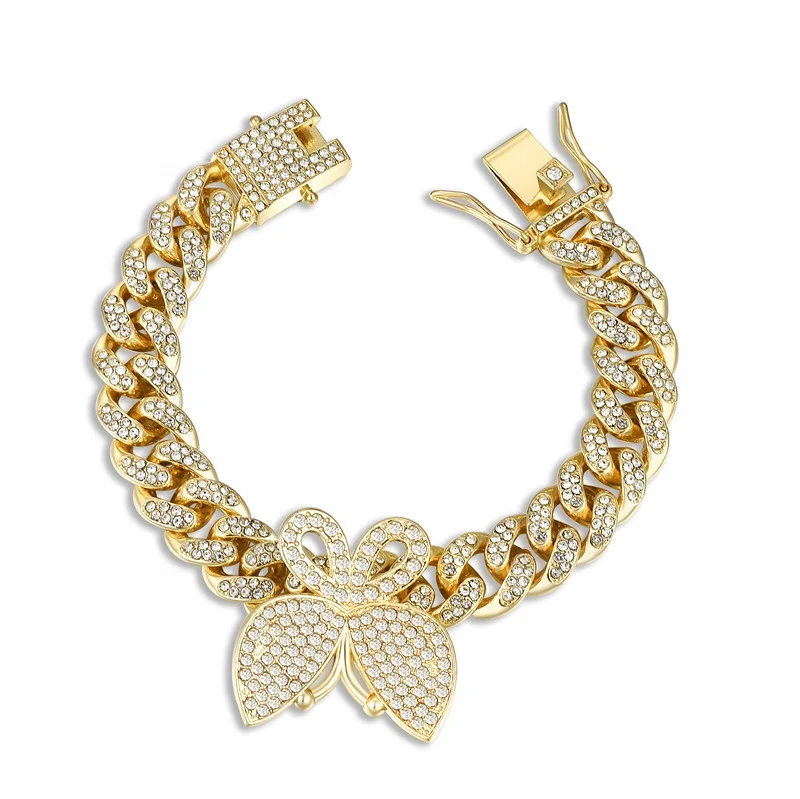

Factory Wholesale Trendy Women Men Chunky Cuban Chain Butterfly Bracelet Iced Crystal Diamond Butterfly Cuban Bracelet
