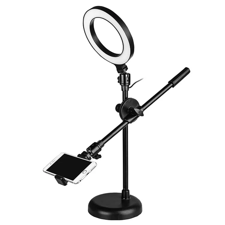 

Desktop Mobile Phones Accessories Selfie Ring Light Custom Phone Holder With Round Base For Overhead Shoot Product Live Zoom, Black