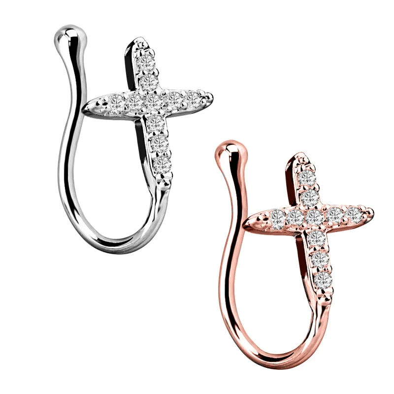 

Cute Cross Clear Zircon Jewelry For Women Man U-Shape Clip On Nose Ring Non Piercing Jewelry Faux Piercing Fake Nose Ring, Silver/gold/rose gold