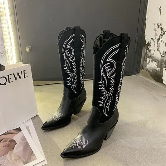 

Women Over the Knee High Boots Embroidered Vegan Leather Boots Block High Heel Ladies Shoes US Big Size Wholesale Drop Shipping, 2 colors