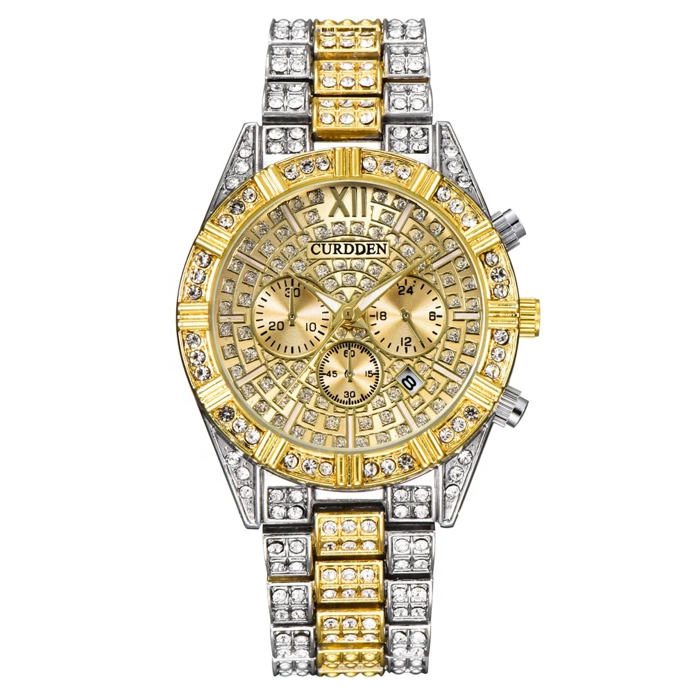 

Luxury Bling Gold Hip Hop Iced Out Watches Quartz Day Date Fully Diamond Watches Men Reloj Iced Out