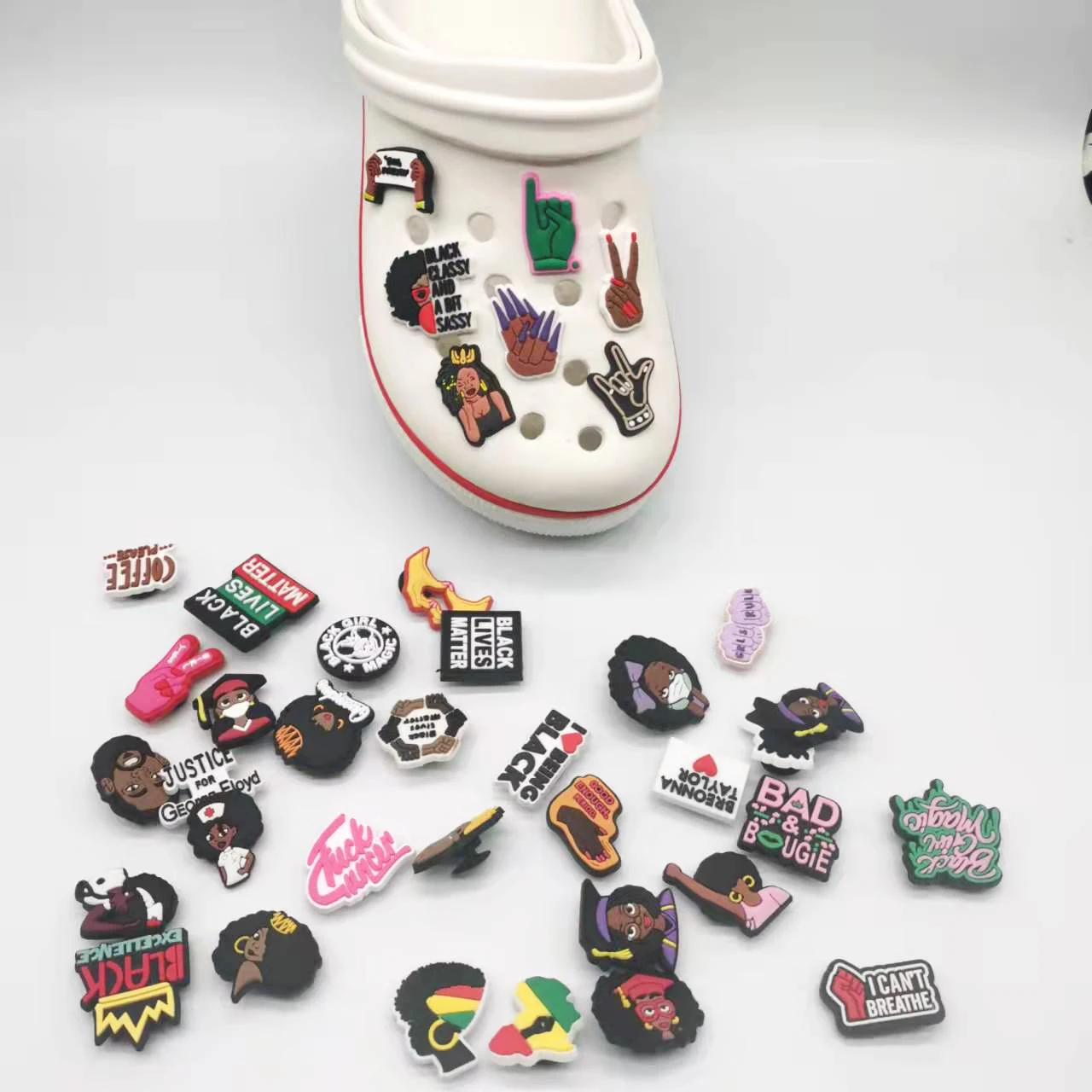 

Stock goods factory direct selling croc charms wholesale clogs PVC croc shoes accessories black girl magic