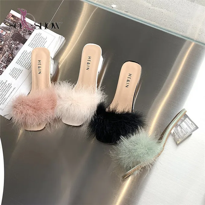 

2021 China wholesale big size high heel furry slippers sandals for women and ladies