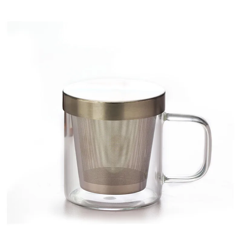

High quality stainless steel filter glass tea cup single wall glass mug with handle, Transparent