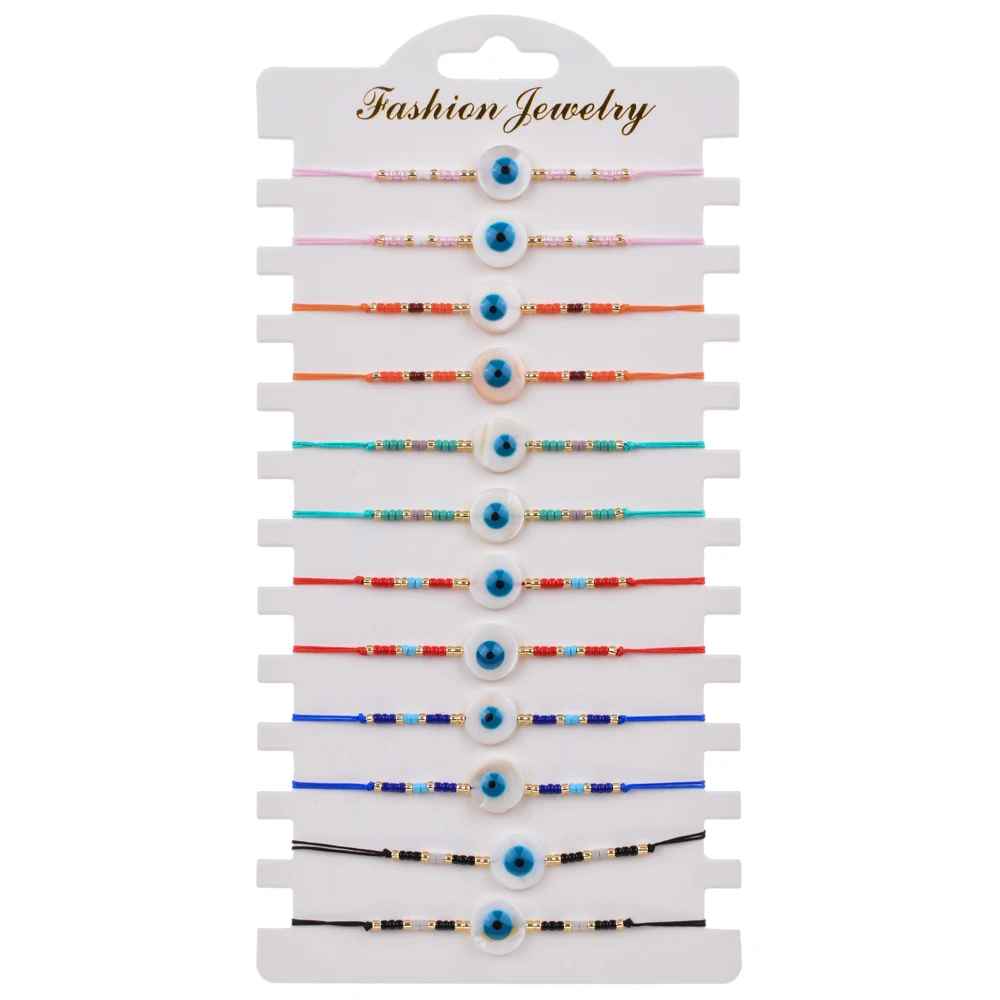 

Bohemian 12pcs/set Evil Eye Shell Charms Braided Rope Bracelet Adjustable Seed Beads Bracelet Woven Friendship Bracelet, Colorful