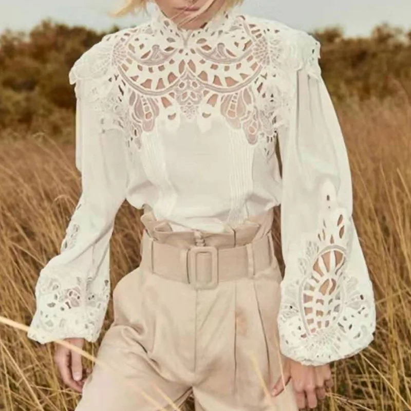 

Spring New high quality long sleeve shirt lace hollow out woman's stand collar tops office ladies balloon sleeve blouse