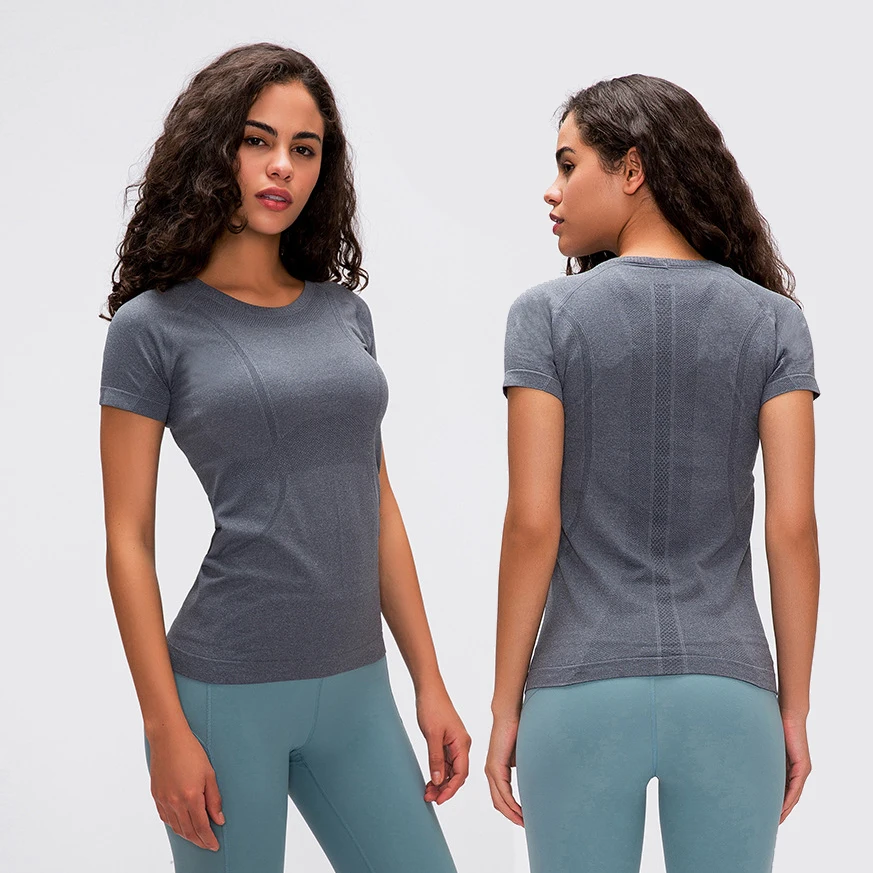 

LULU Nylon and polyester new ladies short sleeve round neck sports T-shirts running fitness crop top tee for Autumn and winter