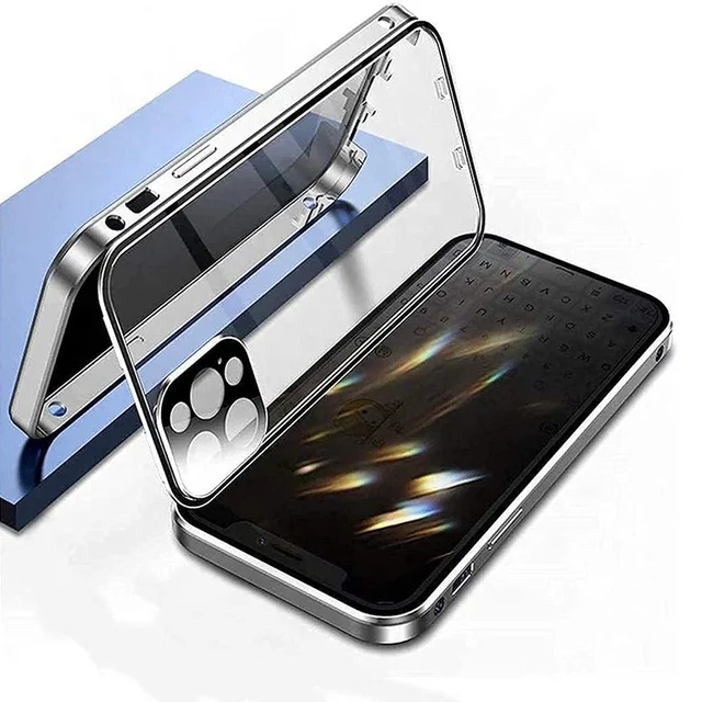 

Privacy Magnetic Metal Anti Peep Double sided Buckle screen protector Tempered Glass Phone Full Body Case For IPhone 12 13 pro, Silver/ black /gold/green/blue/red