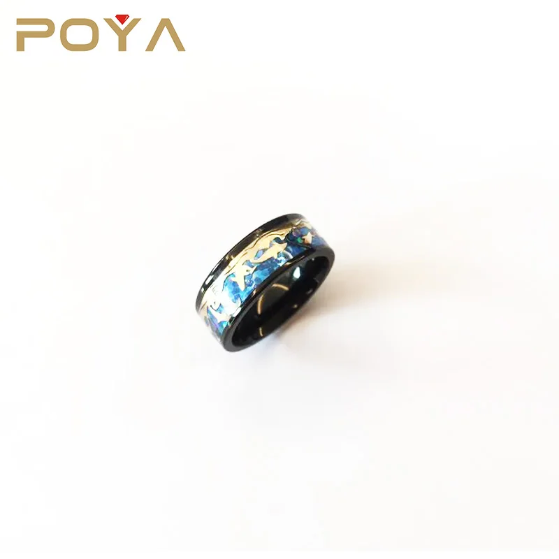 

POYA 8mm Black Ceramic Ring Dolphin Pattern Blue Opal Inlay Comfort Fit