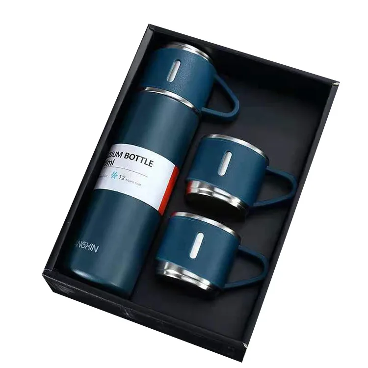

High Quality Business Custom Gift Logo 304 Stainless Steel Vacuum Thermos Set One Cup Two Lid Gift Box, Black, grass green, blue, natural color, gray