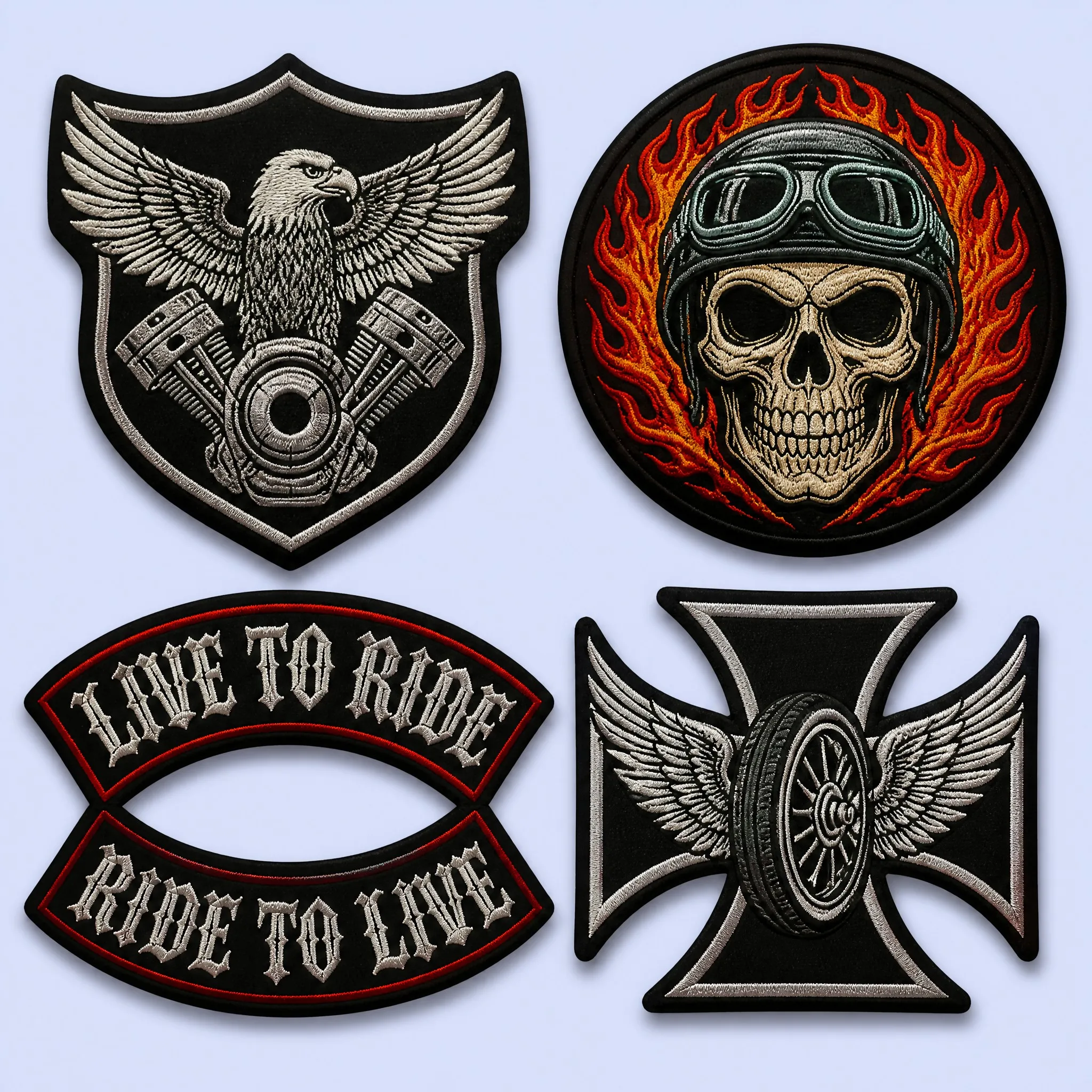 4-Piece Biker MC Patch Collection: Eagle V-Twin Shield, Goggle Skull in Fire Ring, Live to Ride Curved Rockers, and Iron Cross Winged Wheel