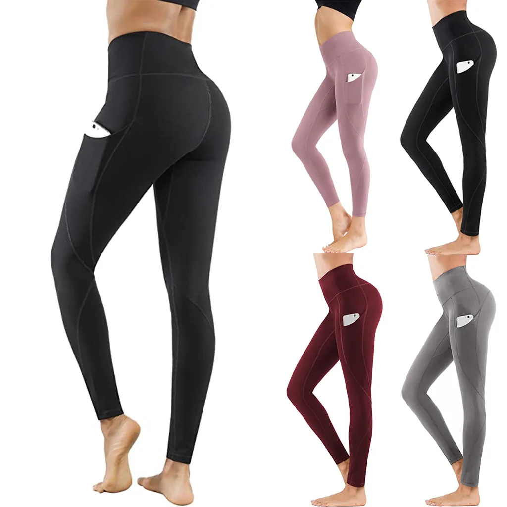 

Wholesale Fitness Yoga Running Sports Tight Leggings Long Pants with Pockets for Women, Pink/grey/wine red/black