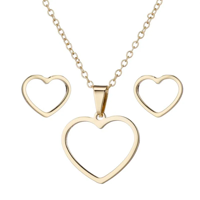

Wholesale popular gold silver hollow heart stainless steel necklace earrings set jewelry for ladies, Picture