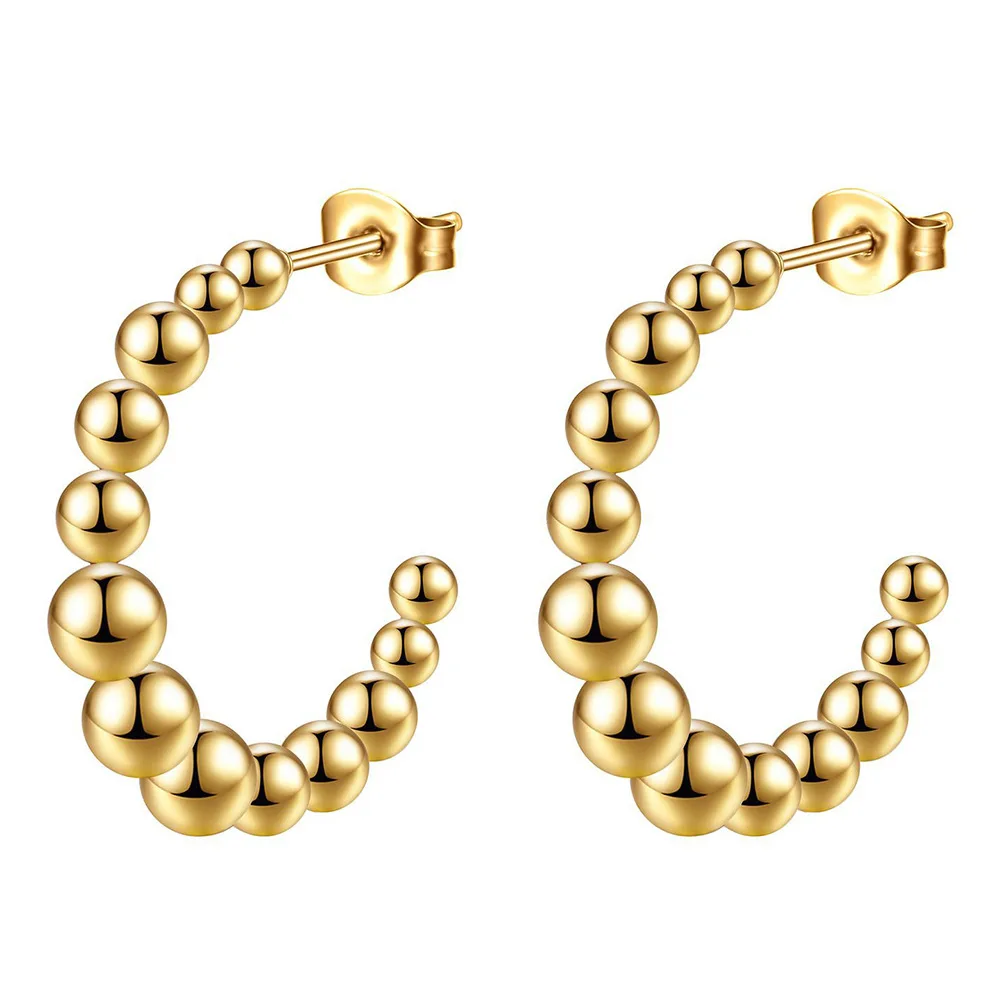 

HOVANCI Wholesale Non Tarnish Free Waterproof Jewelry Women Stainless Steel 18K Gold PVD Plated Beaded Ball C-shaped Earrings