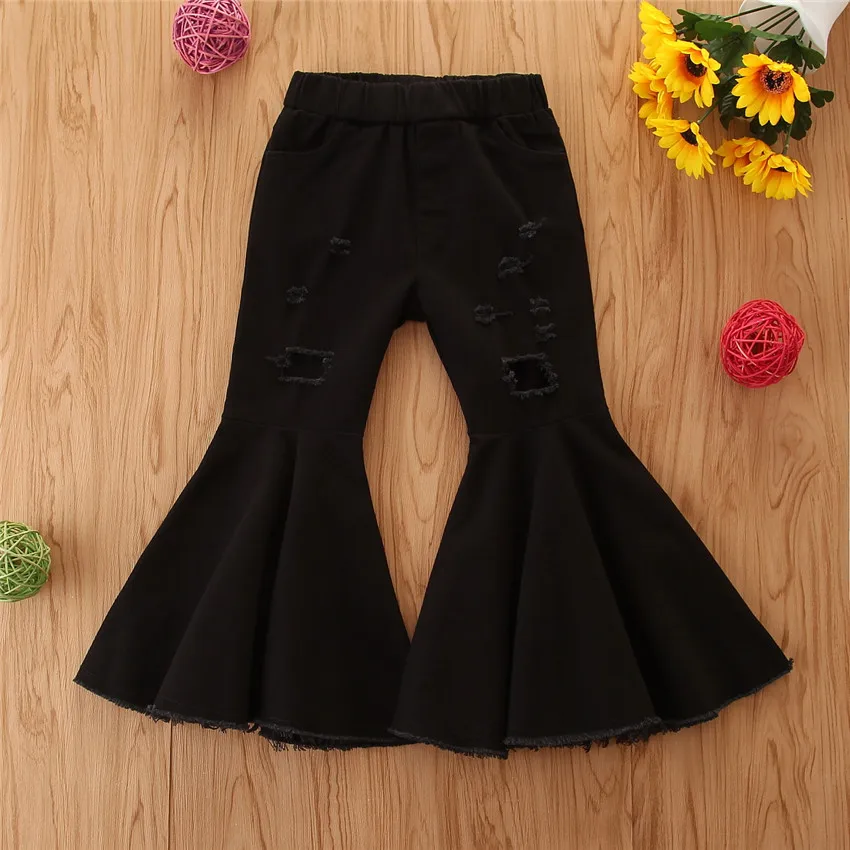 

2021 Autumn new kids baby girls black flare jeans fashion sweet solid hole ripped trousers denim bell bottomed pants, As picture showed