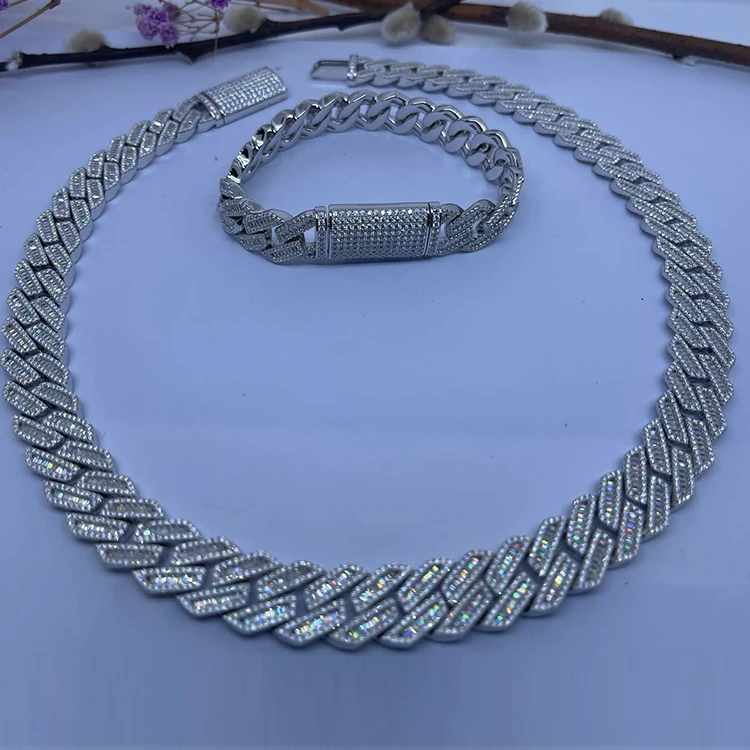 

Wholesale New Design 18K 24K Gold 925 Silver Iced Out 15MM Cuban Chain Hip Hop Necklace VVS Moissanite Cuban Link Chain Necklace, White/yellow/rose