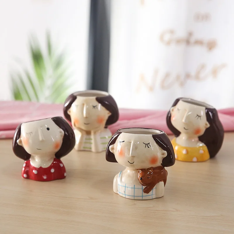 

cute indoor outdoor decorative woman female head girl ceramic succulent planter plant pot, As picture