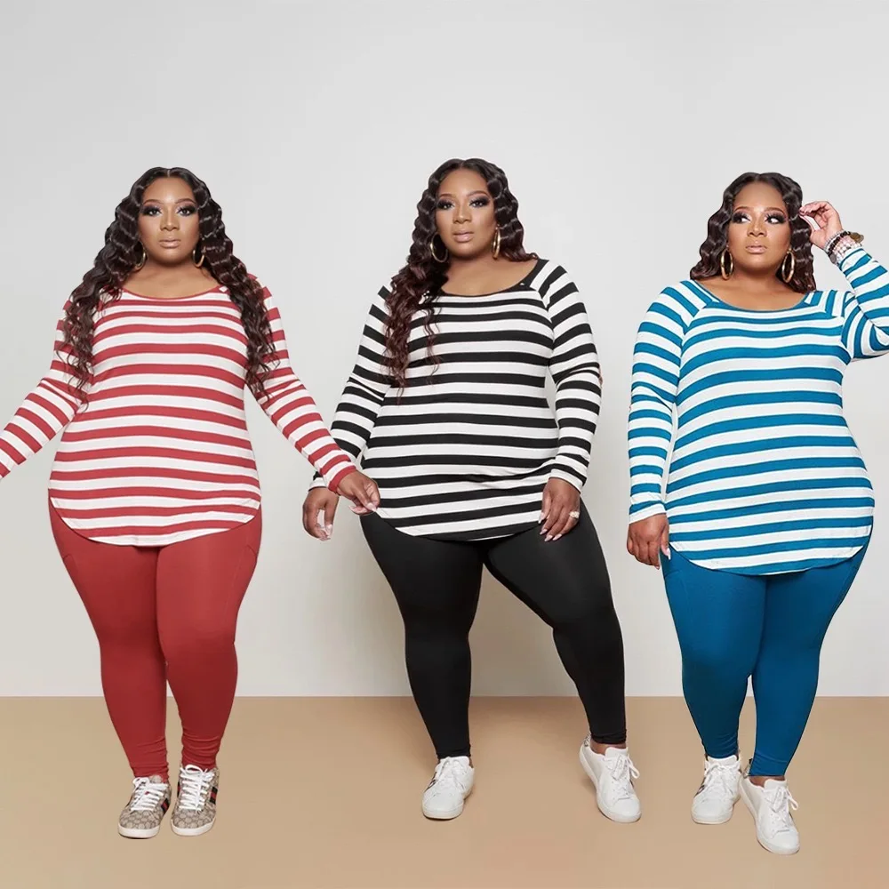 

amazon 5XL plus size women clothing fall 2020 long sleeve striped ladies' blouses with leggings 2 piece set women running wear, 4 color as picture