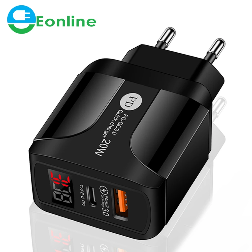 eonline 5v 4a phone charger quick charge 3.0 20w pd type c usb fast charger for phone samsung xiaomi digital display charger