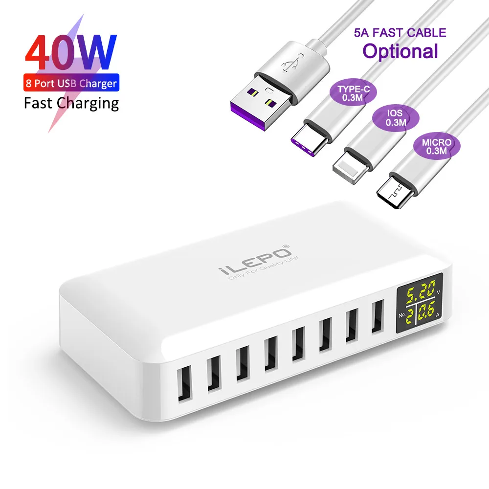 

Hot Selling ilepo 40W 8-port CE FCC ROHS PSE EMC Multi USB Charger with USB Cable Mobile Phone Multiple Usb Charger
