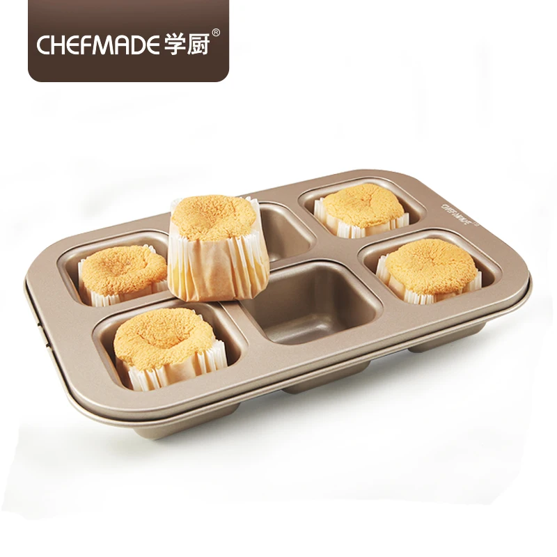 

CHEFMADE High Quality 6 Cup Non Stick Carbon Steel Square Baking Tray, Champagne gold