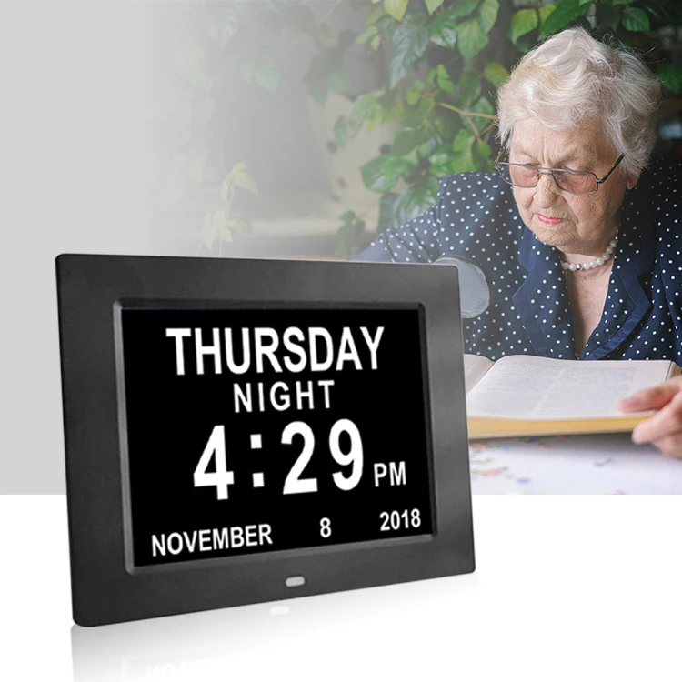 

8" Large Screen Display wall Mounted with Remote Control Digital Calendar Alarm Day Clock for Impaired Vision People