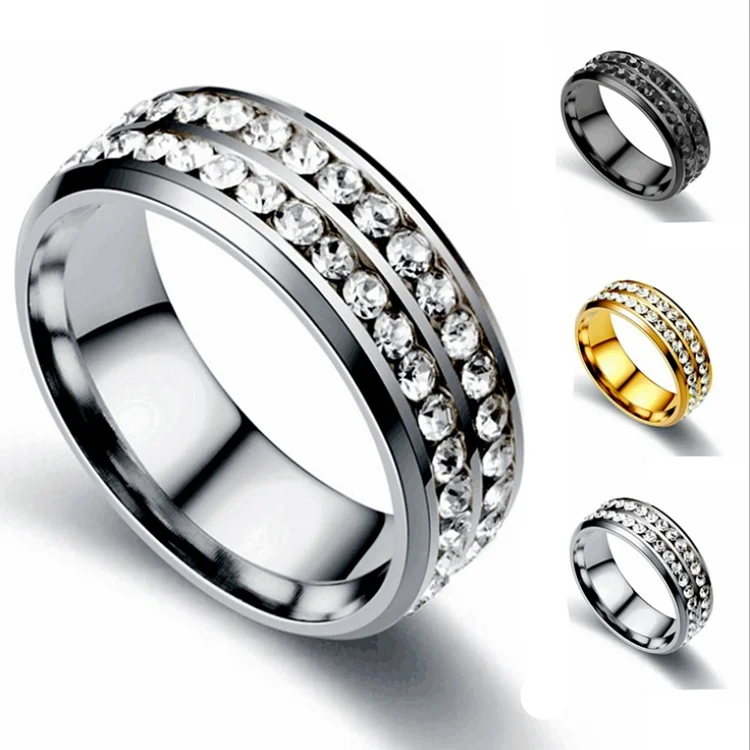 

Amazon hot titanium steel double row diamond ring new fashion stainless steel diamond couple ring, As the picture show