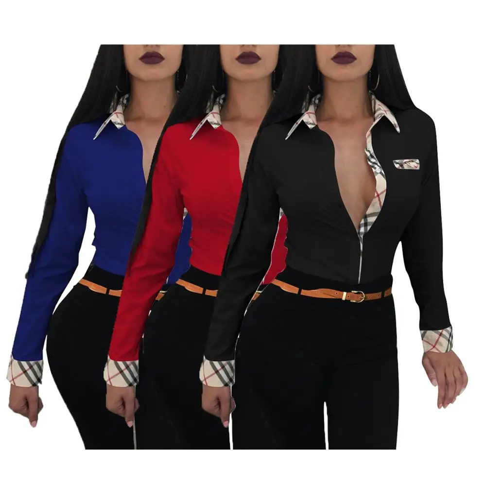 

custom patchwork long sleeve office woman blouse shirt, Black, red, blue