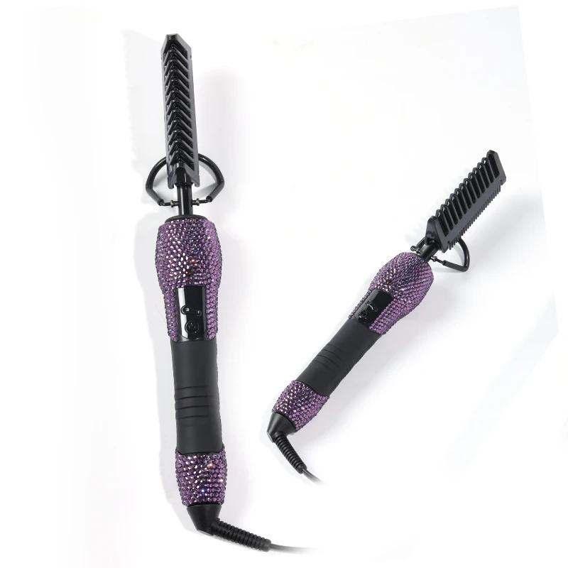 

Hot sale hair styling tools high heat diamond pressing comb private label hair curling iron, Pink,hot pink,silver