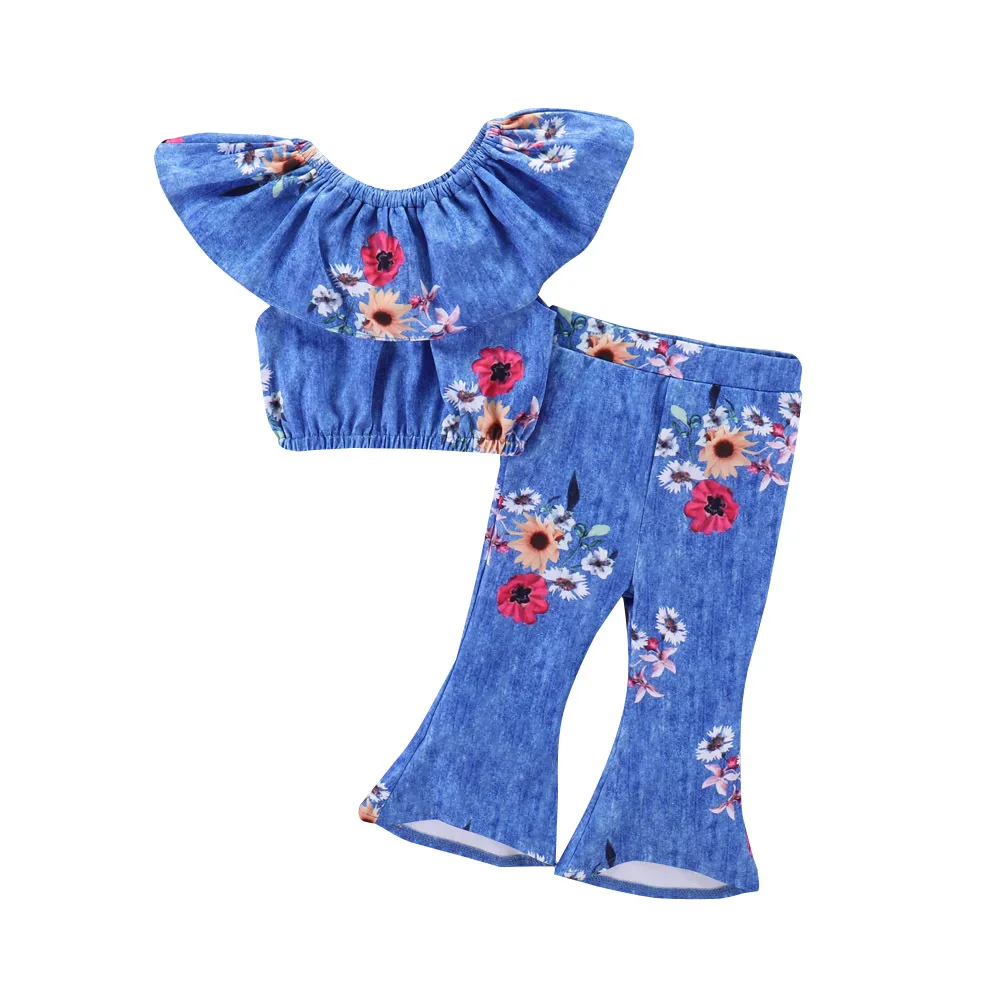 

wholesale summer baby girl kids sunflower denim top and bottom clothes set with flare pants, Blue
