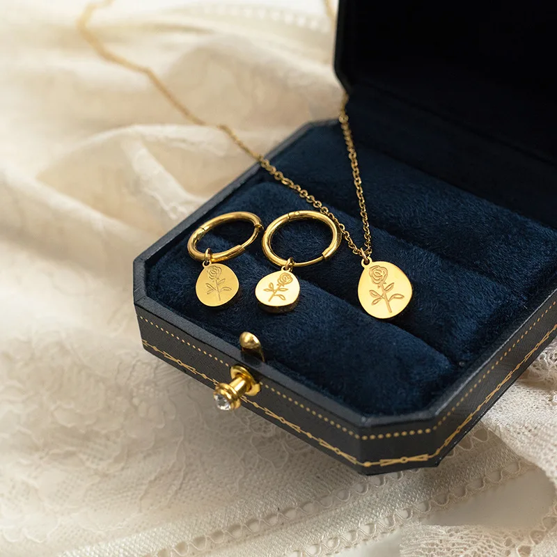 

Rose flower ins style 18K gold titanium steel earrings necklace set