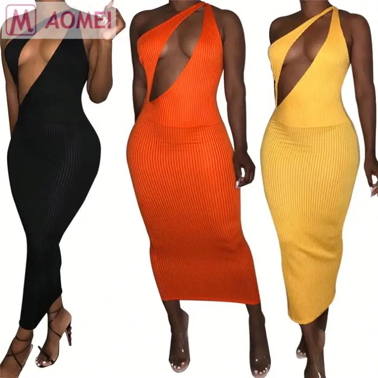 F3011 newest hot ribbed solid color one shoulder open chest bodycon sheath asymmetrical sexy club dress