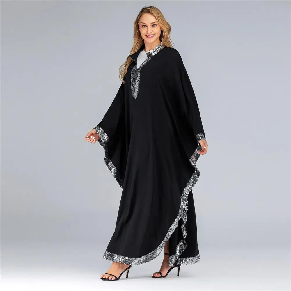 

Dubai patchwork sequined edge bat-sleeved robe oversize dress muslim dress, Black,blue