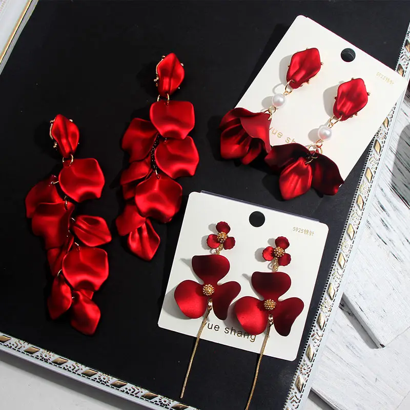 

Kaimei Red Acrylic Flower Petal Long Drop Earrings For Women Fashion Elegant Simulated Pearl Statement Earrings Girl Jewelry, Many colors fyi