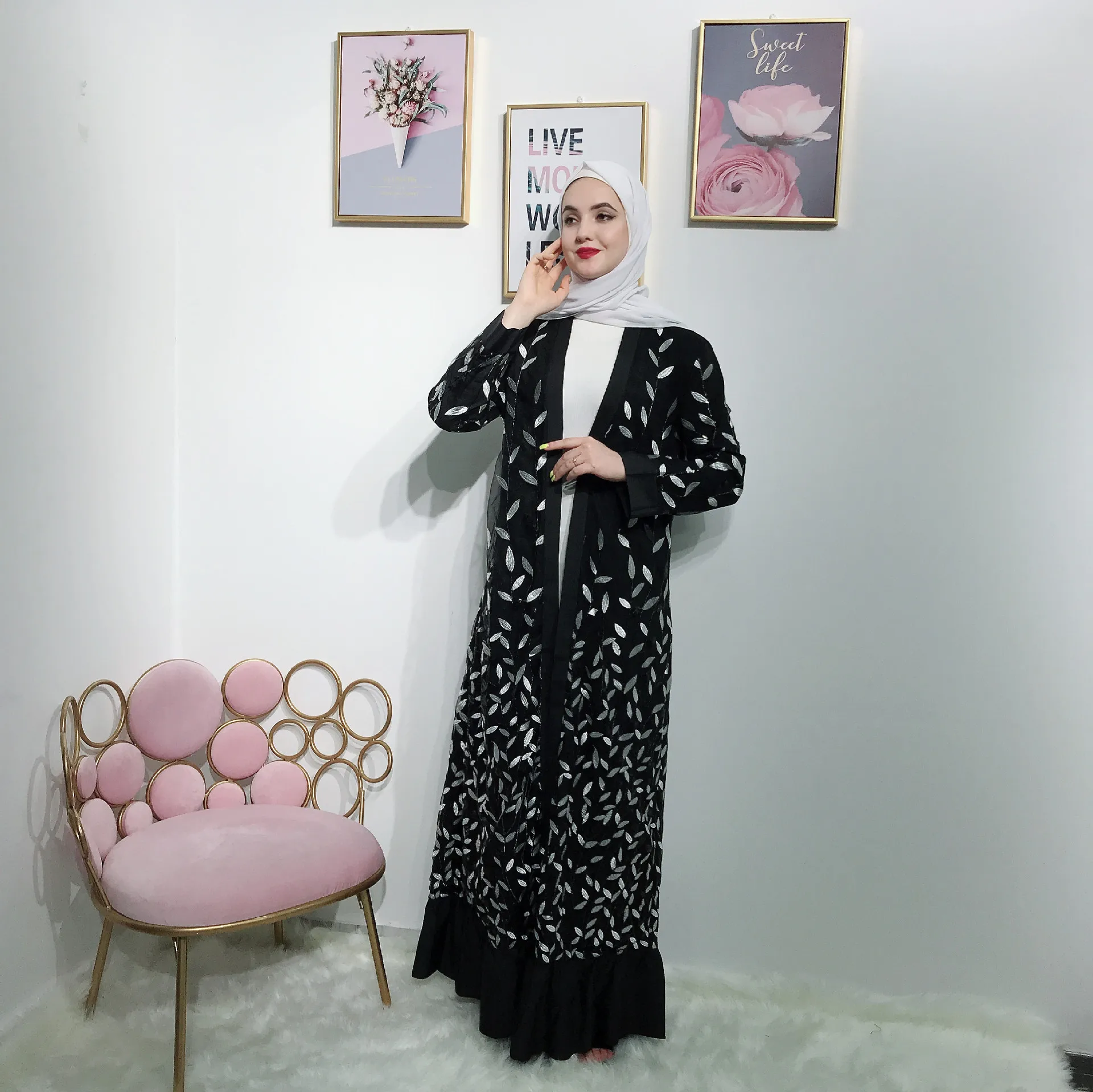 

Leaves embroidered open abaya lace temperament cardigan