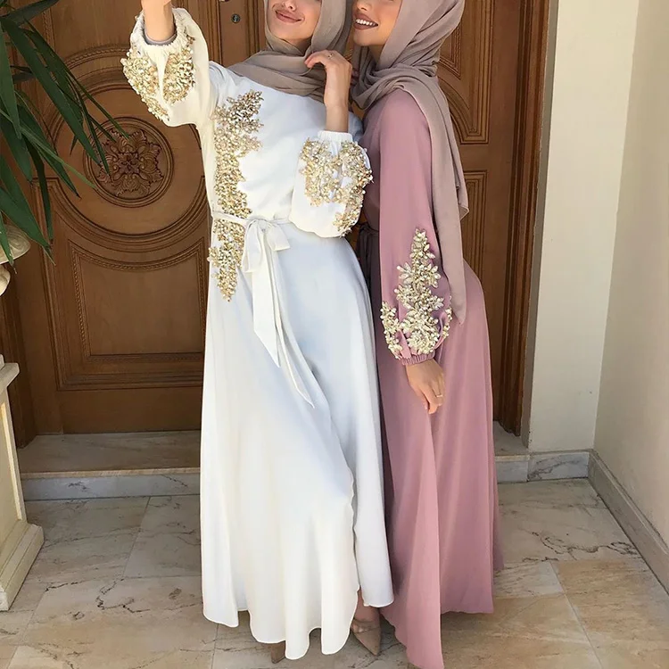 

2021 Wholesale Bead Flower Women Skirt Wear Turkey Long Sleeve Abaya Islamic Clothing Muslim Dress, Customized color
