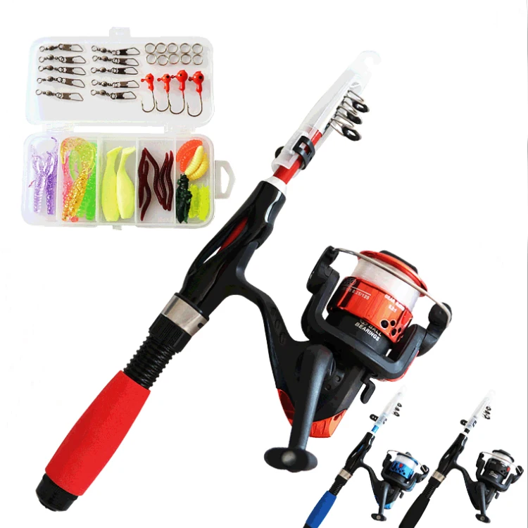 

Fast delivery Mini fishing kit children easy carry Telescopic Fishing Combo Fishing Rod and Reel Set, Red/blue/black